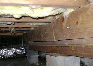 A sagging crawl space with concrete supports and wooden shimming a Rockland crawl space